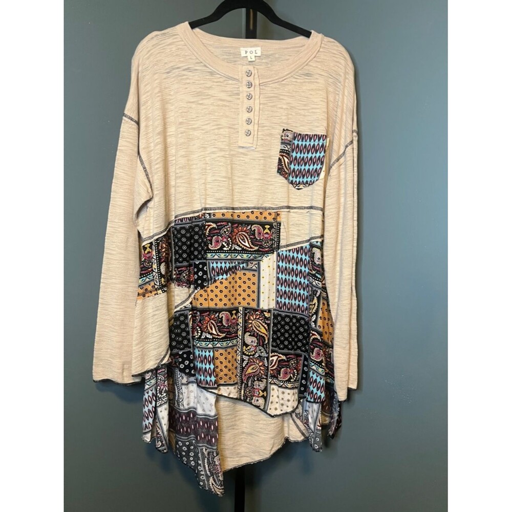 POL Cream Henley high low Tunic with Patchwork Panels